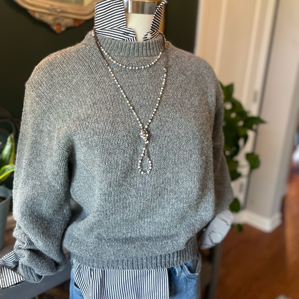 100% wool vintage sweater grey suede patch sleeves!!